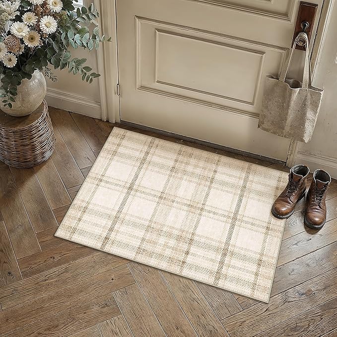 2x3 Beige Plaid Entryway Area Rug | Washable, Low Pile, Modern, Neutral, Soft, Non Slip, Small Carpet for Entrance Bathroom Bedroom Indoor Home Decor