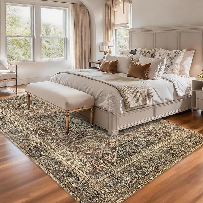 Washable 6x9 Area Rug: Vintage Brown Rugs for Living Room Bedroom Dining Room Office Indoor - Soft Non-Slip Large Carpet Home Decor - Oriental Dark Brown