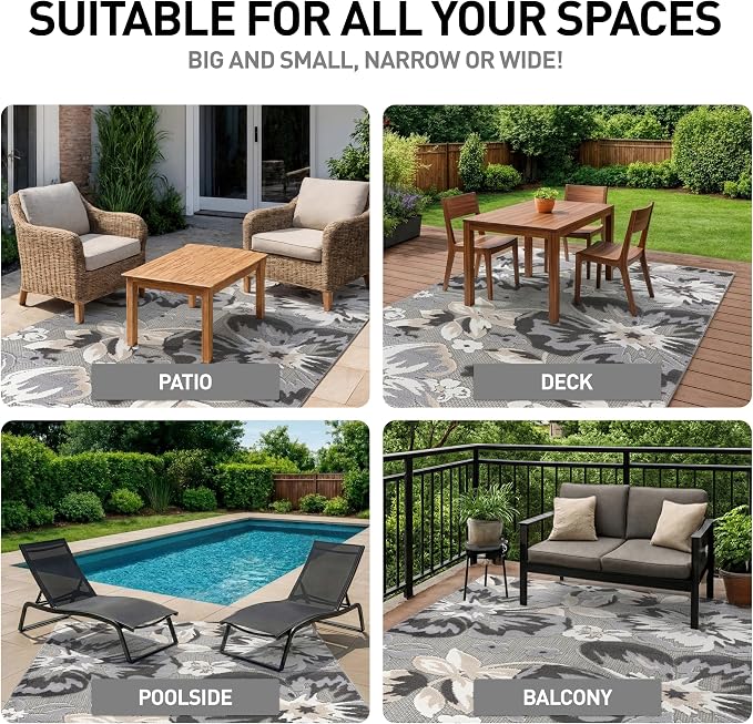 Rugshop Bergamo Contemporary Floral Non-Shedding Easy Cleaning Patio Deck Backyard Indoor/Outdoor Area Rug 7'10" x 10' Gray