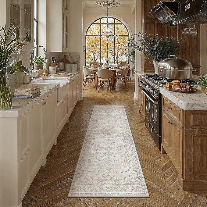 2x6 Washable Runner Rug Beige Grey Non Slip Vintage Carpet | Low Pile, Stain Resistant, Hallway, Kitchen, Bedroom, Entryway, Laundry Room, Soft, Thin, Lightweight