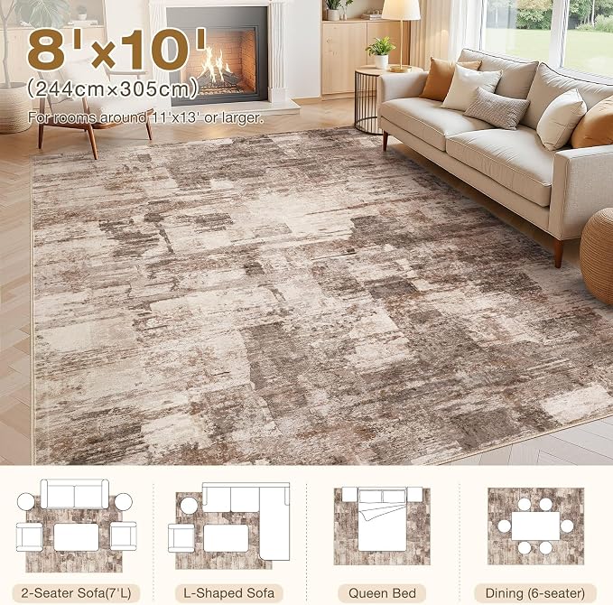 kakania Abstract 8x10 Area Rugs for Living Room: Washable Rugs Brown | Soft, Non-Slip, Low-Pile, Pet & Kid Friendly - Large Modern Home Decor Carpet for Bedroom/Dining Room/Office/Nursery