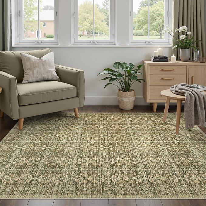 DCX 2x3 Neutral Rug, Kid & Pet Friendly with Rubber Back Non Slip, Machine Washable Stain Resistant Olive Green Floral Rug for Living Room, Bedroom, Soft Low Pile Large Nursery Carpet