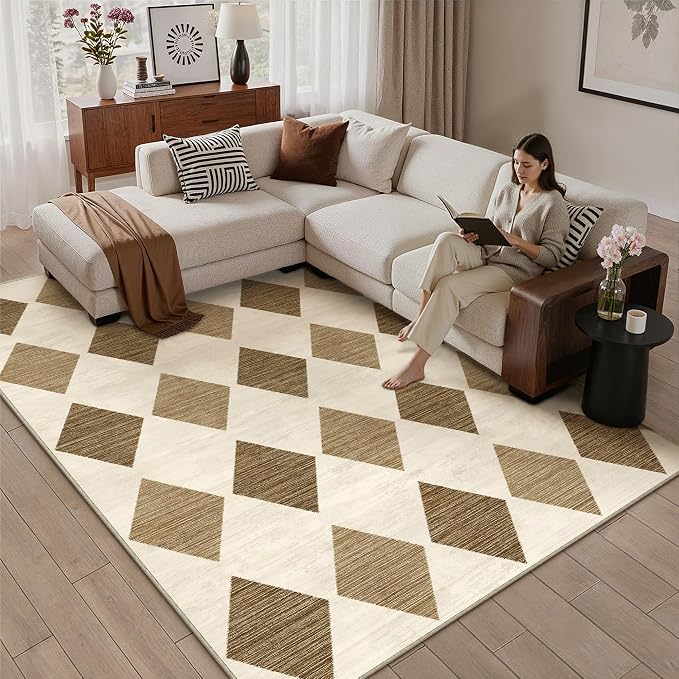 5x7 Checkered Area Rugs for Living Room Brown Machine Washable Large Rug Non-Slip Stain Resistant Low Pile Boho Accent Indoor Throw Carpet for Office Bedroom Dining Room Classroom