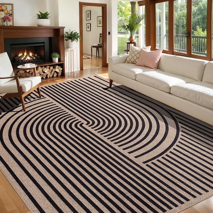 Tangsoo Rainbow Easy Jute 6x9 Outdoor Rug for Patio,Black Large Washa Area Rugs Modern Non Slip Indoor Thin Carpet,Farmhouse Office Mat for Backyard Dining Room Living Room Bedromm
