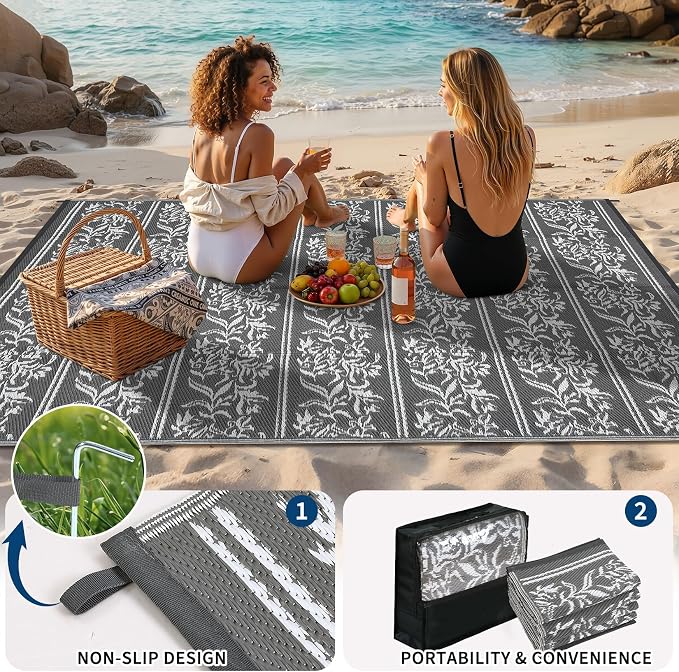 Garvee Outdoor Rugs 5x8 Waterproof Reversible Mat Boho Leaf Patio Rug with 4 Stakes and Starage Bag, Large Outdoor RV Mat Rugs for Camping, Picnic, Balcony, Deck, Backyard, Grey & White