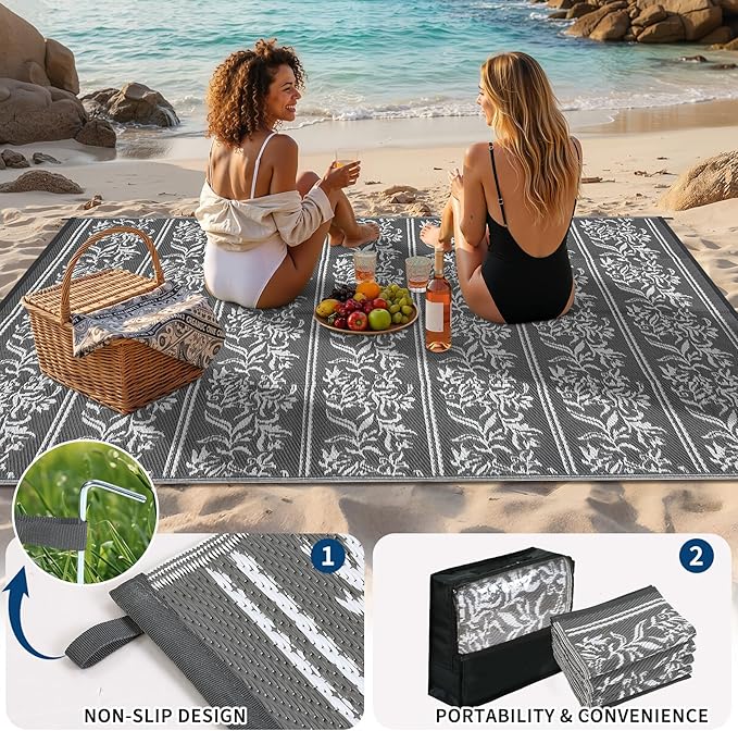 Garvee Outdoor Rugs 8x10 Waterproof Reversible Mat Boho Leaf Patio Rug with 4 Stakes and Starage Bag, Large Outdoor RV Mat Rugs for Camping, Picnic, Balcony, Deck, Backyard, Grey & White