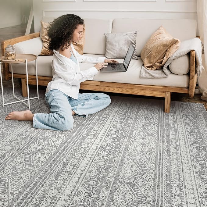 Tortania Area Rug Living Room Rugs - 7x9 Washable Large Soft Neutral Boho Moroccan Bohemian Farmhouse Rug Indoor Floor Carpet for Bedroom Under Dining Table Home Office Decor - Neutral Grey