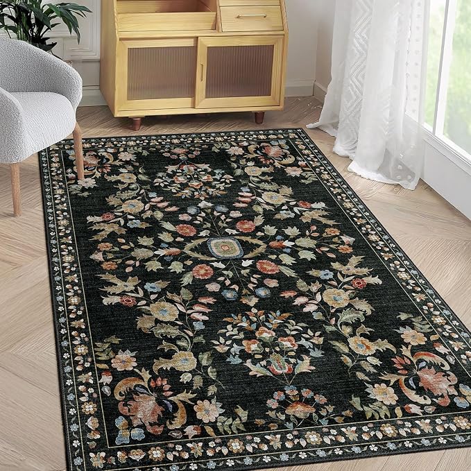 3x5 Rug Washable Floral Area Rugs Non Slip Ultra-Thin | Small Throw Carpet for Bedroom Entryway Living Room Office Kitchen Bedside Floor Indoor Low Pile Boho Vintage Black