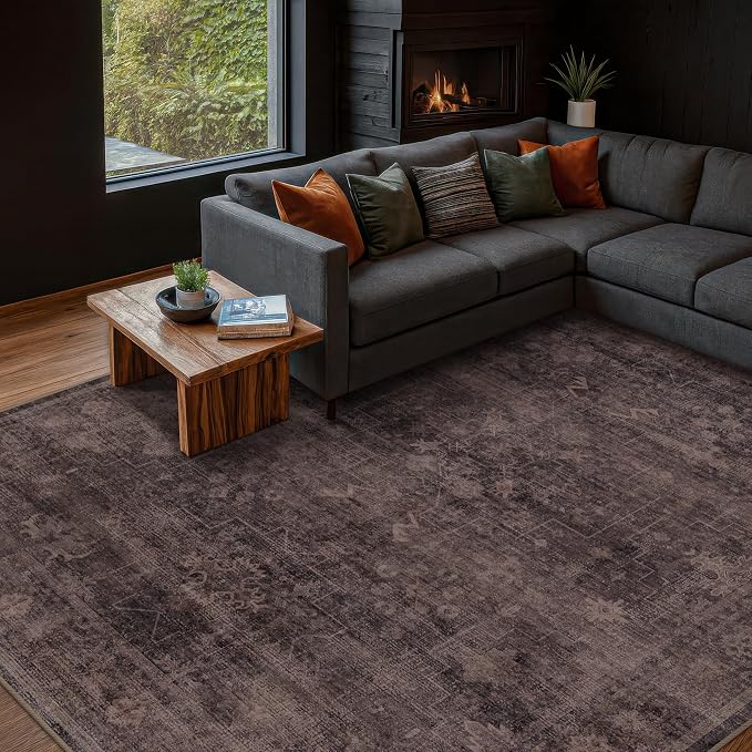 Modern 7x9 Dark Taupe Brown Area Rug for Dining Room, Living Room & Bedroom, Vintage Farmhouse Distressed Geometric Carpet, Easy to Clean, Slip-Resistant, Stain & Fade Resistant, Ultra Soft