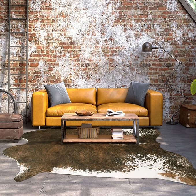 BENRON Faux Cowhide Rug, Cow Print Rug for Living Room Bedroom 5.2x6.2ft | Western cow hide rug for Cowboy Cowgirl Home Decor, Washable Rugs with Irregular Animal Skins and Hides Non Slip, Olive Green