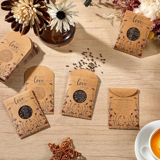 Fumete 50 Pcs Let Love Grow Seed Packets Cool Wedding Favors for Guests Kraft Envelope Kraft Bag with Window Flower Resealable Seed Storage Packets for Wedding Party Favors Bridal Shower