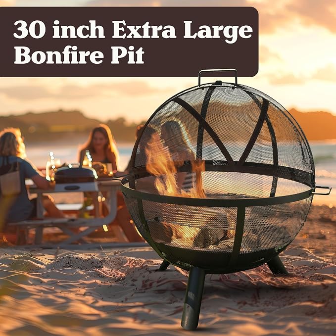 Outdoor Fire Pit Sphere - 30” Flaming Ball Fire Pit with Grill for Barbequing - Firepit Grill Wood Fire Pits for Outside Patio Decor by Pure Garden