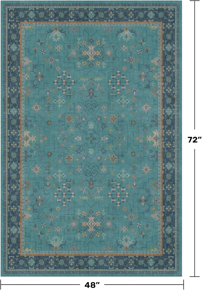 Teal 4x6 Rugs for Entryway Indoor - Vintage Non Slip Throw Rug for Large Kitchen, Bedroom, Boho Turquoise Modern Décor - Geometric Floral Design, Low Pile Stain Resistant Carpet