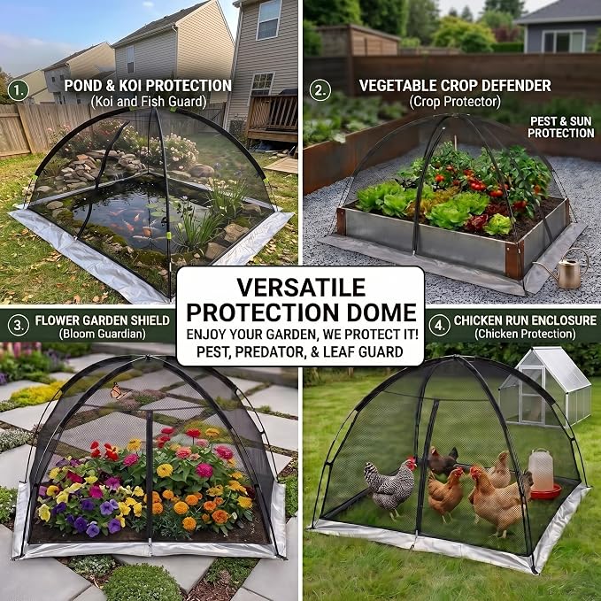 Pond Cover Net - Heavy Duty Nylon Dome Mesh with Zippers - 5x7FT Protector for Garden Pond Koi Fish and Plants - Birds & Leaves Animals Barrier
