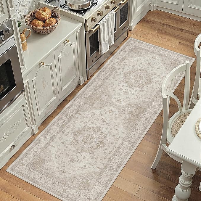 Beige 2x6 Washable Runner Rug Vintage Oriental Medallion Carpet | Soft Low Pile, Non Slip, Stain Resistant, Neutral Retro Decor for Entryway, Kitchen, Bedroom, Hallway
