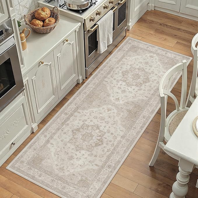 Beige 2x4 Washable Area Rug Vintage Oriental Medallion Doormat | Soft Low Pile, Non Slip, Stain Resistant, Neutral Retro Decor for Enyrtway, Kitchen, Living Room, Bedroom, Kids Room