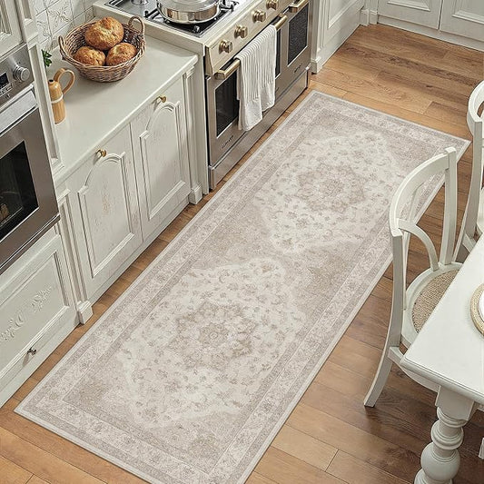 Beige 2x4 Washable Area Rug Vintage Oriental Medallion Doormat | Soft Low Pile, Non Slip, Stain Resistant, Neutral Retro Decor for Enyrtway, Kitchen, Living Room, Bedroom, Kids Room