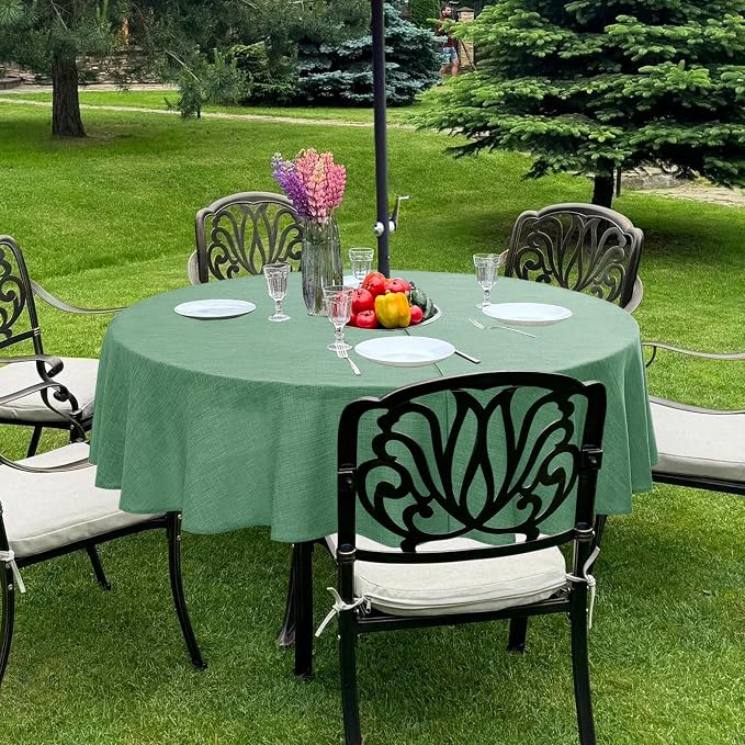 LUSHVIDA Outdoor Tablecloth with Umbrella Hole - Patio Table Cloth Zippered Round 60 Inch, Sage Green Linen-Look Polyester Table Cover Water Resistant for Picnic Outside