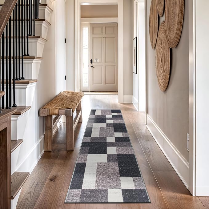 Rugshop Modern Boxes Non-Slip Living Room Runner Rug Gray 2'7" x 12' | Runner, Size 2'7" x 12', Bedroom, Dining Room, Home Office, Kitchen, Entryway, Hallway, Nursery, Kids Room, Guest Room