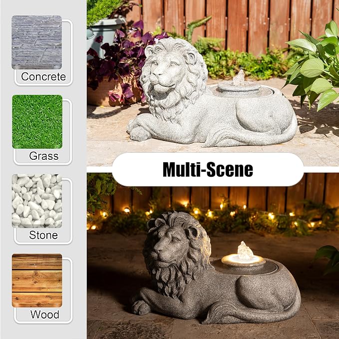 Glitzhome Outdoor Fountain with Lights & Pump, 20" L Zen-Style Lying Lion Polyresin Water Fountain Outdoor, Floor Standing Water Feature for Garden Yard Patio Porch Decor