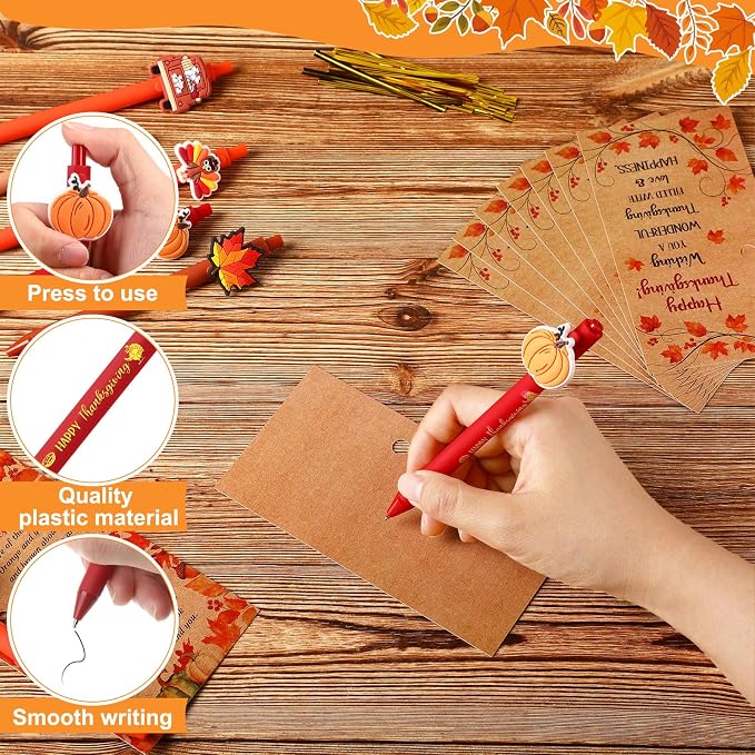 Marspark 30 Sets Thanksgiving Gifts Bulk Fall Ballpoint Pens and Thanksgiving Greeting Cards with Bags Twist Ties Autumn Maple Leaves Pumpkin Turkey Gifts for School Office Coworker Employee Favor