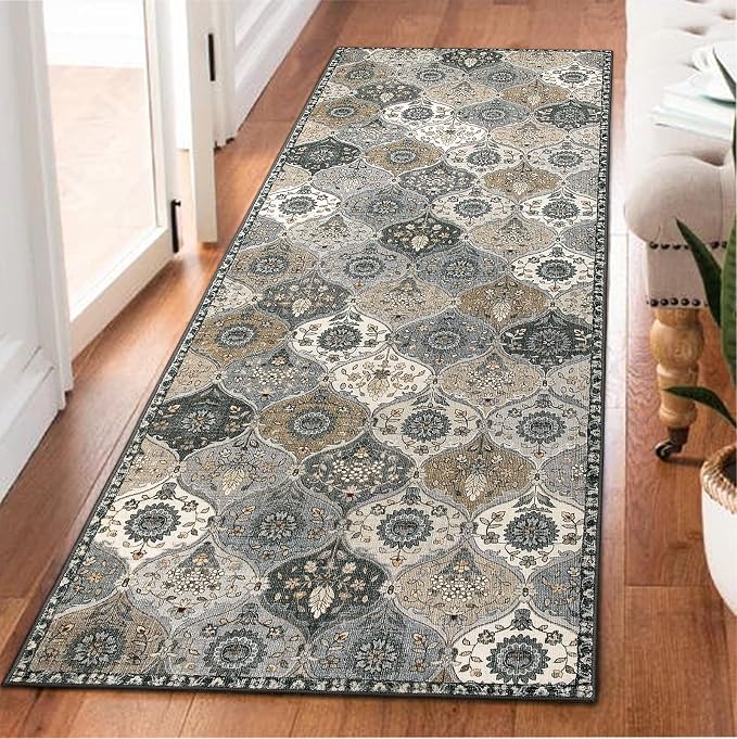 Lahome Moroccan Kitchen Runner, 2x5 Washable Runners for Hallways Non Slip | Soft Hallways Rug Ultra-Thin Vintage Trellis Long Carpet for Bedroom Bathroom Elise, Grey