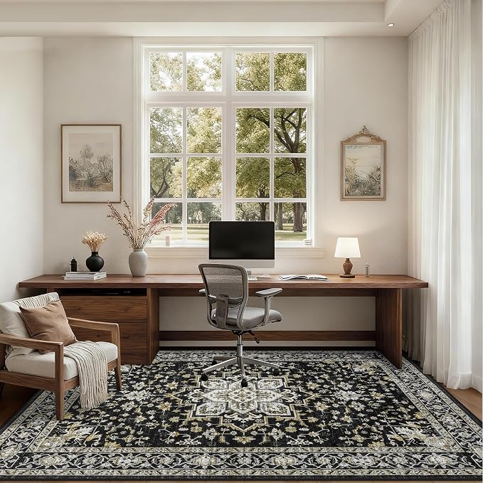 9x12 Area Rugs Living Room: Washable Rug for Bedroom Black Gold | Vintage No Slip Stain Resistant Rug Soft Indoor Decor Floor Floral Area Rugs for Dining Room, Nursery, Hallway, Home Office