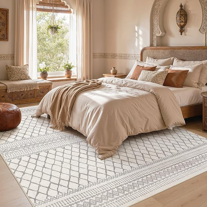 cotiled Boho 10x12 Area Rug for Living Room: Large Moroccan Washable Rug | Solve Modern Neutral Trendy Home Decor - Stain Resistan Carpet for Bedroom Farmhouse Beige Gray