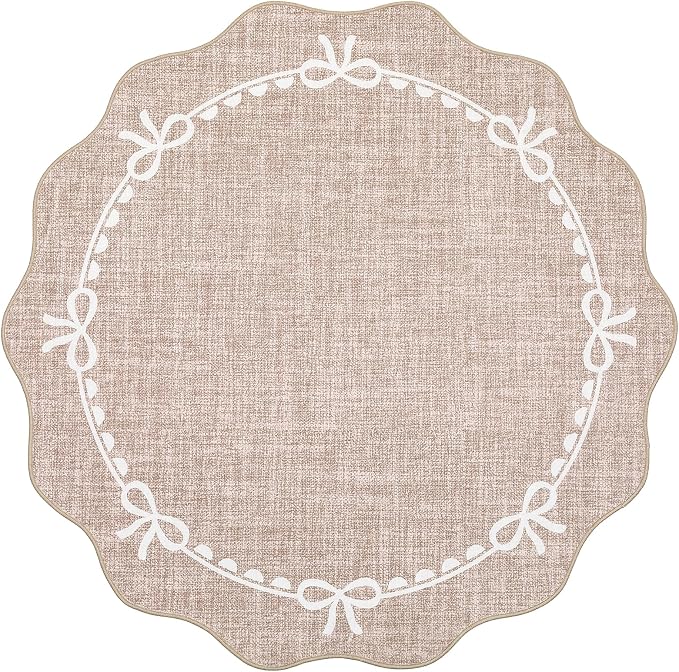 GarveeHome 6ft Round Rugs Washable Scalloped Bow Rug for Bedroom, Camel | Non Slip Soft Low Pile Ultra-Thin Stain Resistant Indoor Carpet for Living Room Nursery Girls Dorm Decor Kids Room Playroom