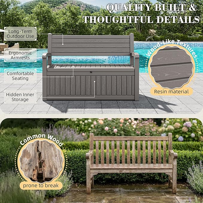 80 Gallon Outdoor Storage Bench Waterproof, Storage Outdoor Porch Bench Doubles as 2-Person Bench Seat, Resin Stripes Deck Box for Cushions, Garden Tools and Pool Supplies Grey