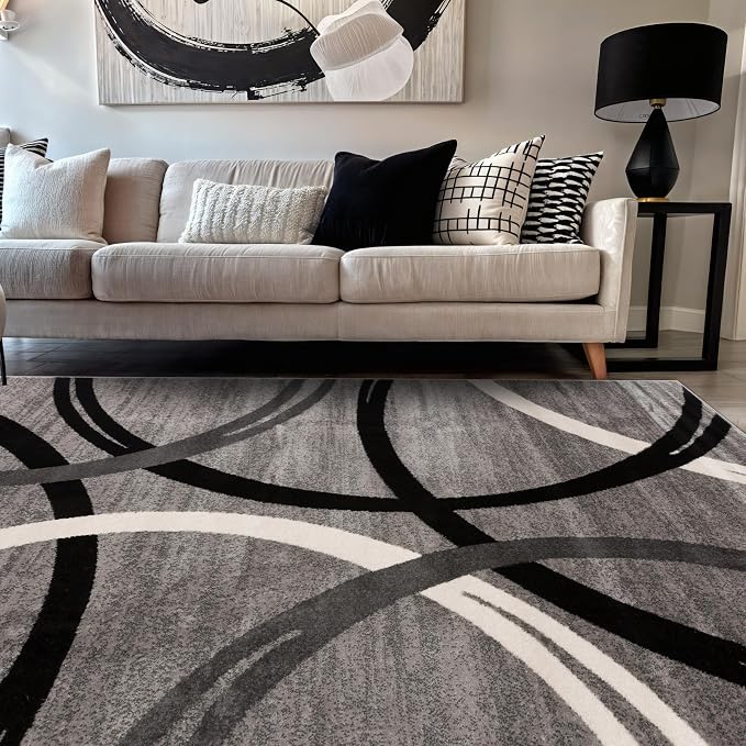Rugshop Wavy Circles Fade-Resistant Living Room Area Rug Gray 5'3" x 7'3" | Rectangular, Size 5'3" x 7'3", Bedroom, Dining Room, Home Office, Kitchen, Entryway, Hallway, Nursery, Kids Room, Guest Room