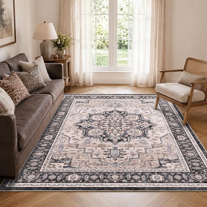 5x7 Area Rug for Living Room Soft Washable Vintage Boho Area Rug | Non-Slip Retro Print Low Pile Stain Resistant Soft Washable Distressed Indoor Rug for Bedroom Dining Room Nursery Office
