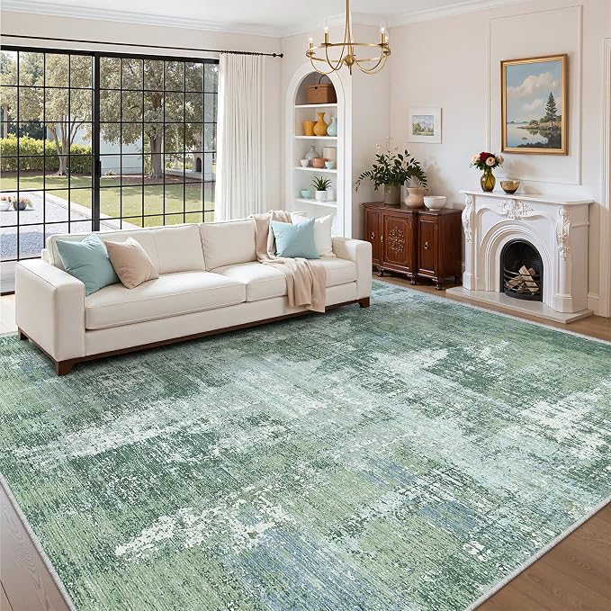 Valenrug 8x10 Area Rugs for Living Room, Abstract Washable Rug, Sage Green | Soft Thin & Lighweight, Folable, Stain Resistant Low Pile Non Slip Modern Distressed Carpet Rugs for Bedroom, Dining Room