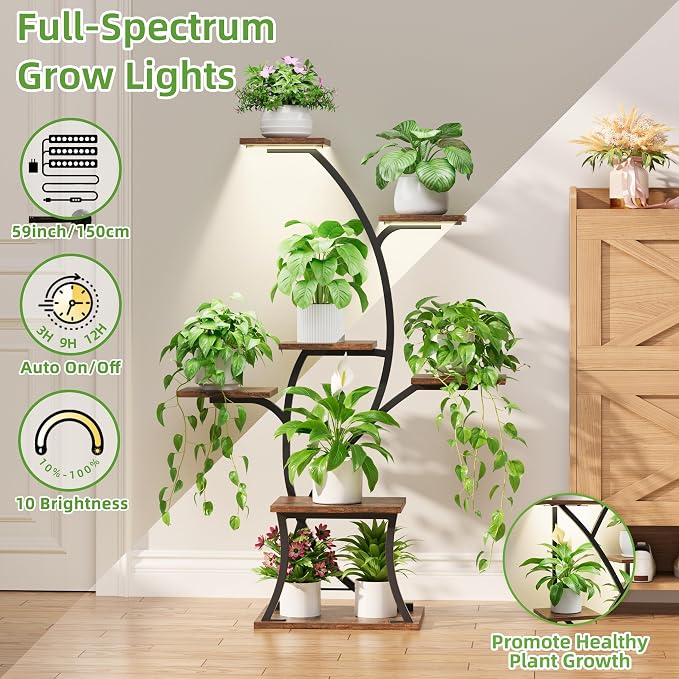 Indoor Plant Stand with Grow Lights, 7 Tiered, 44" Tall | Plant Shelf, Heavy Duty Anti-rust Iron Pipes, Water-resistant & Anti-corrosive Wood, Auto Timer, Long-lasting