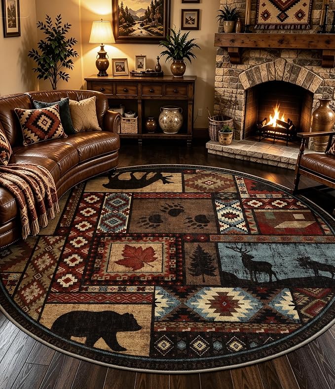 YIHOUSE Rustic Round Rug 6ft, Washable Circle Area Rug with Non-Slip Backing, Low Pile Soft Western Cabin Rugs for Living Room, Bedroom