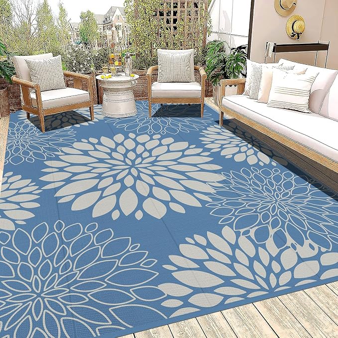 Ileading Waterproof Outdoor Rug 8x10, Reversible Plastic Straw Patio Rug, Portable Indoor Outdoor RV Camping Mat Carpet for Deck, Porch, Balcony, Backyard, Picnic, Floral Dusty Blue