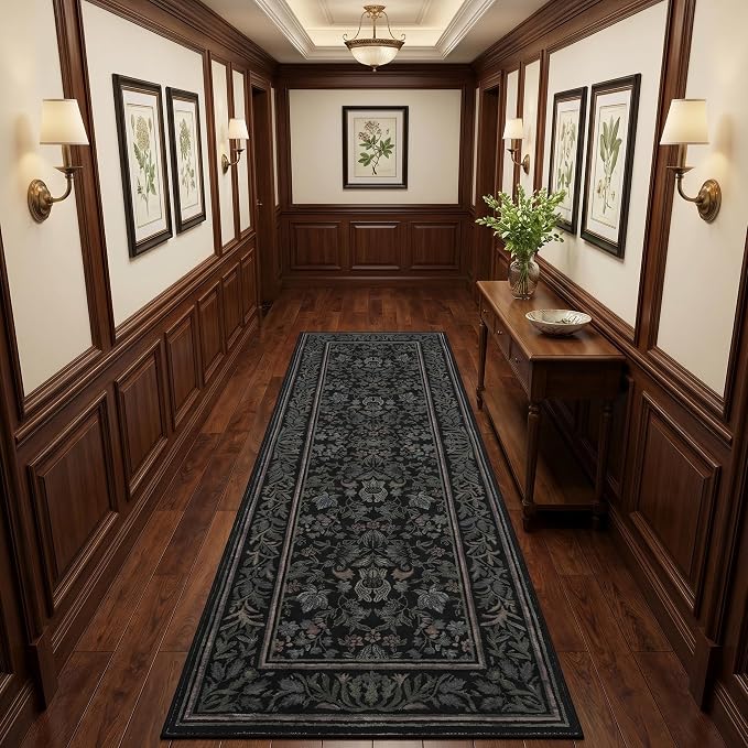 GarveeHome Washable 2.5x10 Hallway Runner Rug Non Slip Kitchen Rugs, Black | Boho Vintage Runner Rugs with Rubber Backing Soft Low-Pile Stain Resistant Indoor Long Carpet for Entryway Bedroom Laundry