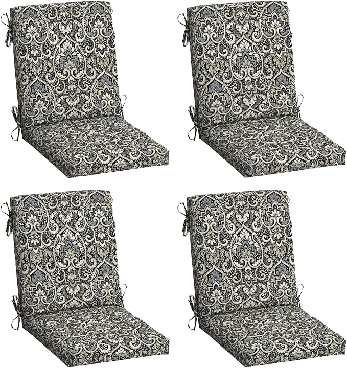 Arden 4-Pack Outdoor Patio Dining Chair Cushion, 20 x 44, Rain-Proof Seat Pad, Fade-Resistant Outdoor Cushion Black Aurora Damask