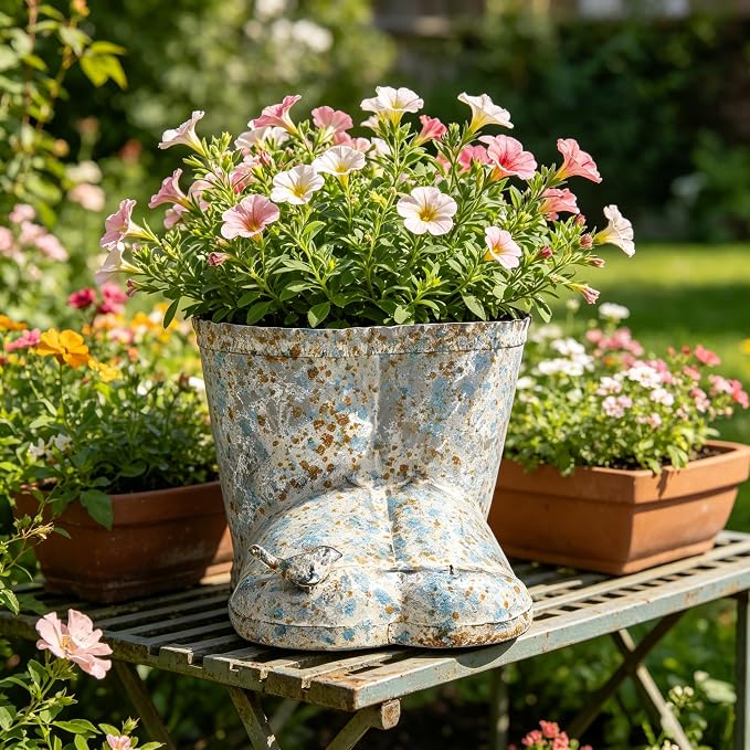 Vintage Galvanized Metal Rain Boot Planter with Bird Accent, Rustic Farmhouse Boot-Shaped Flower Pot, Decorative Indoor Outdoor Planter for Succulents, Herbs, Garden & Porch Decor