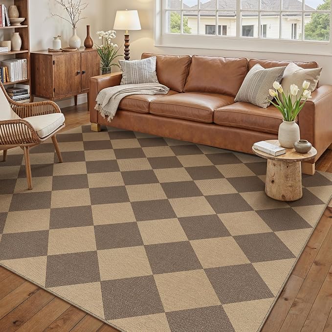PureCozy 5x8 Checkered Easy Jute Area Rug for Living Room Checkerboard Washable Indoor Outdoor Carpet Farmhouse Patio Office Mat Geometric Non Slip Brown Carpet for Backyard Dining Room