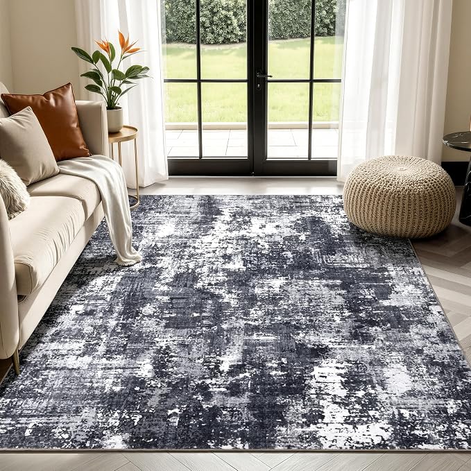Sasttie 6x9 Washable Area Rug, Modern Abstract Carpet, Black & White | Ultra-Soft Faux Wool, Low Pile, Non-Slip, Lightweight, Thin, for Living Room, Bedroom, Dinning Room & Dorm
