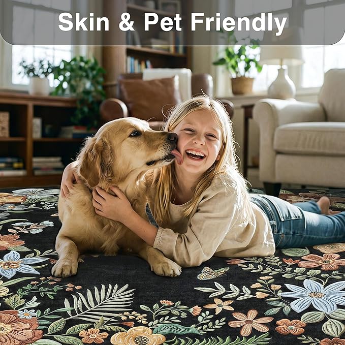FMFUNCTEX 2x6 Hallway Runner Rug Washable Black Floral Vintage Flower Boho | Colorful Traditional Non Slip Low Pile Indoor Thin Carpet Entryway Rugs Kitchen Bedroom Laundry Entry Bedside, Black/Grey