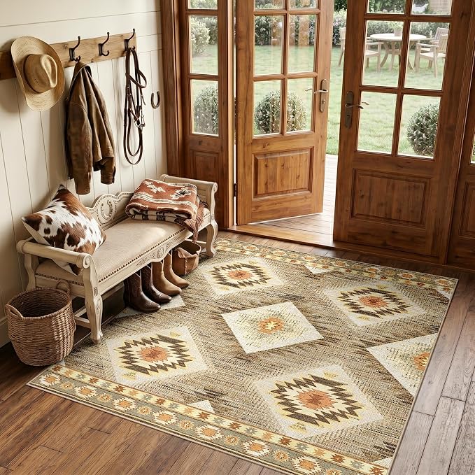 8ft-Square Washable Area Rug for Living Room Cream/Camel | Soft Western No Slip Low Pile Print Foldable Indoor for Kitchen Dining Room