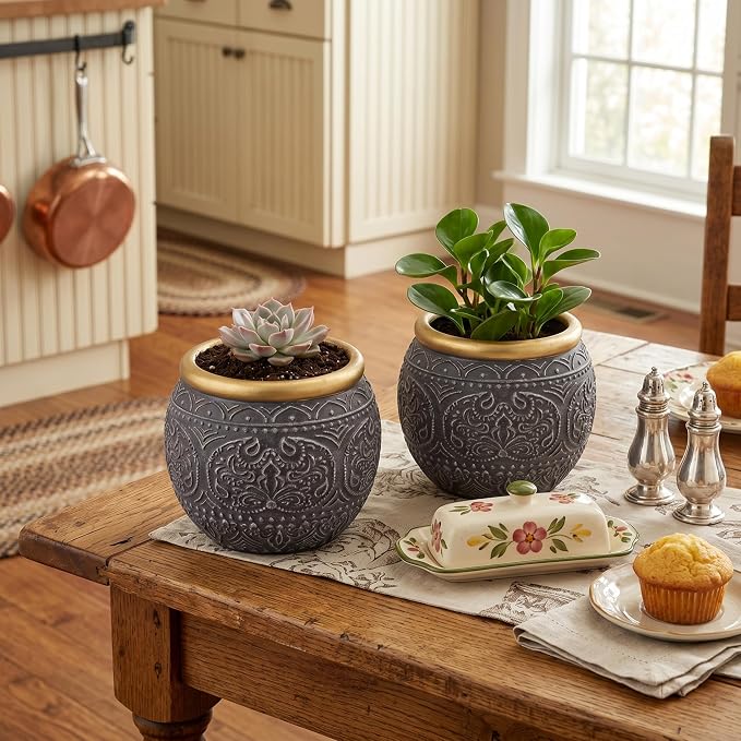 2Pcs 5.9 Inch Cement Planters, Vintage Planter with Gold Rim and Drainage Holes, Decorative Indoor Containers for Succulents, Herbs, Home & Office