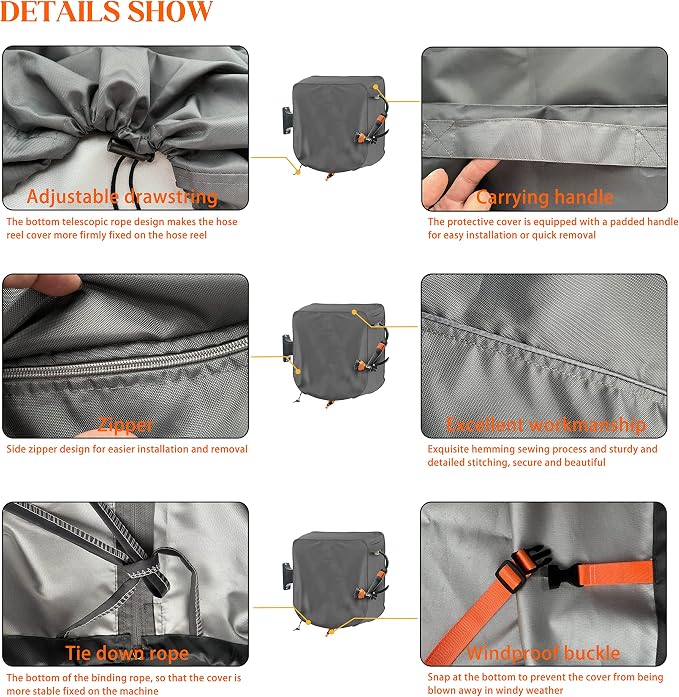 Wall Mounted Hose Reel Cover 26x11x18in 420D Waterproof | Oxford fabric, protection, ventilation, zipper, drawstring, dustproof, windproof, animal guard, backyard, garage, storage