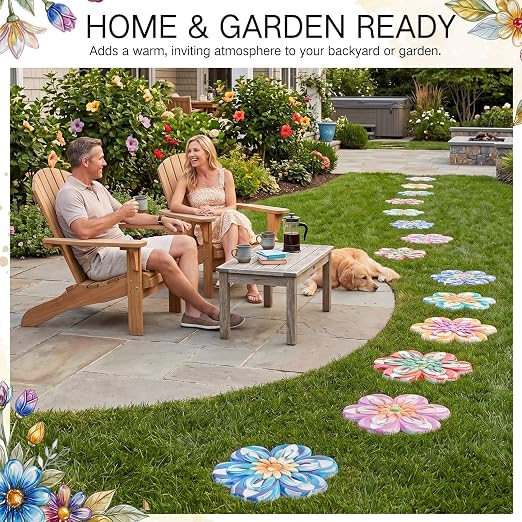 Landical 6 Pack Decorative Stepping Stones for Garden 10 Inch Cement Flower Stepping Stones Decoration for Patio Walkway Yard Outdoor (Flower)