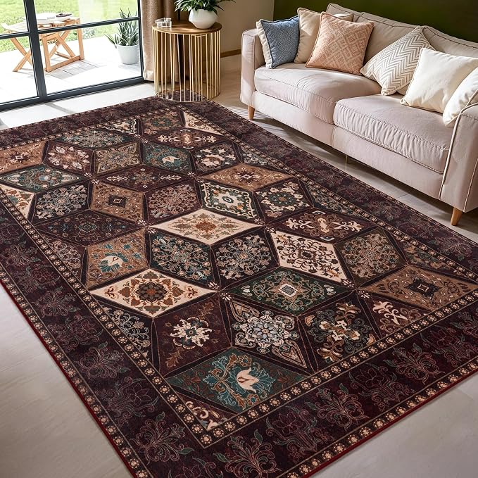 Moroccan Boho Floral Geometric Patchwork Washable 8x10 Large Rug | Vintage Distressed Non Slip Throw Carpet for Bedroom Livingroom Kitchen Hallway Entryway Office Dining Room Docer, Brown
