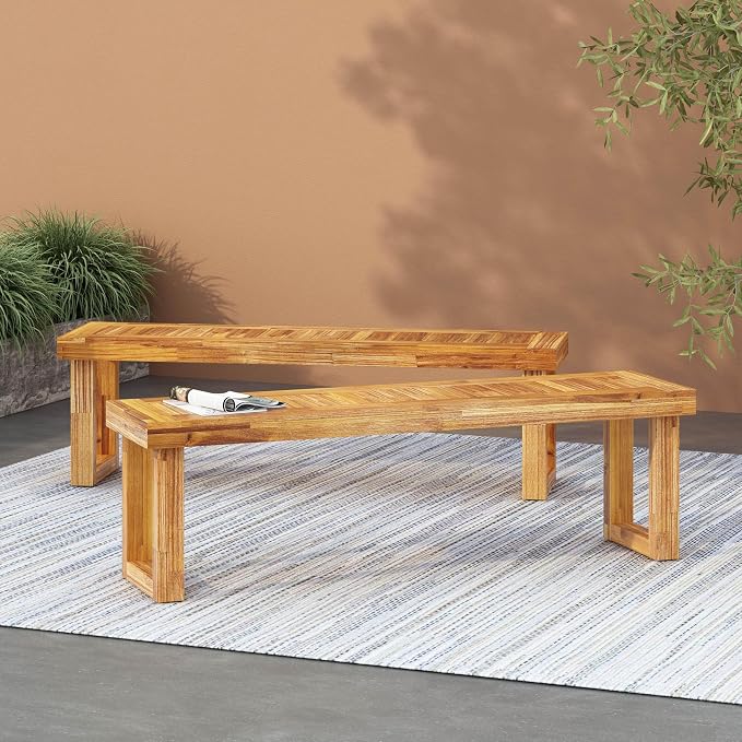Merax Acacia Wood Outdoor Bench Set of 2, Backless Garden Bench Rustic Patio Dining Seats, Slat Panel Design, Weatherproof, 60" Long, Bear 300lbs, Natural