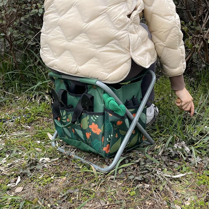 Folding Gardening Stool with Detachable Storage Tote Bag, Multifunctional Gardening Tools Set Organizer for Fishing and Camping,Portable Garden Chair Seat for Adults (Green Flower)