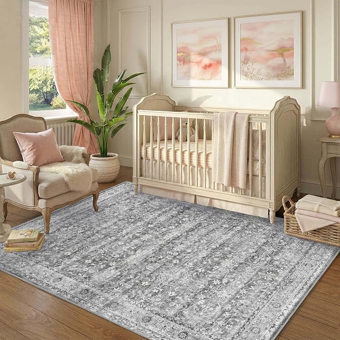 Latte&Fog 4x6 Area Rugs for Living Room, Vintage Washable Grey Rug | Non Slip Low Pile Soft Floral Cute Carpet for Dining Kitchen Kids Playroom Nursery Guest Room Classroom Dorm Farmhouse Office